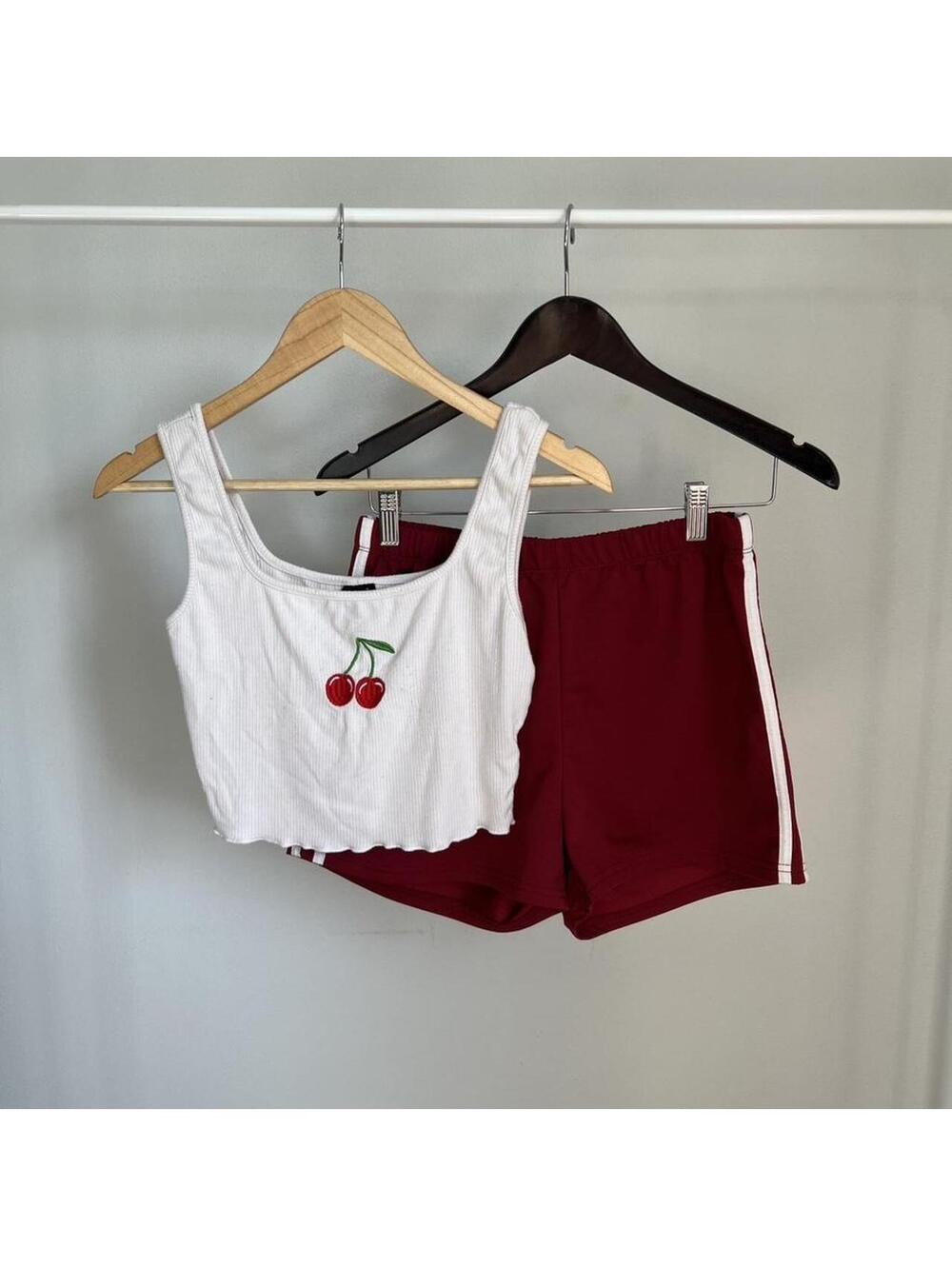 Cherry Embroidered Baby Tee Tank & Red Shorts Set Y2K Coquette Lounge Outfit